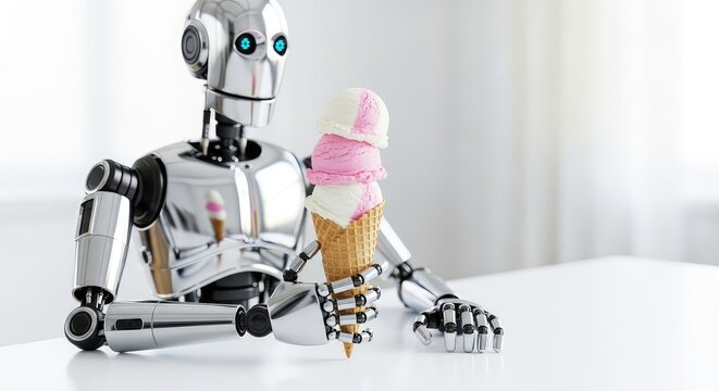 Shiny chrome robot sitting at a clean table, holding a waffle cone with pastel pink and white ice cream scoops in a bright environment, creative, automation, 3d