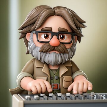 Audio technician with beard and glasses works on a professional soundboard console.