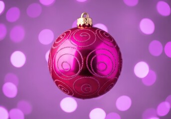 Fototapeta premium This detailed close-up shows a shiny hot pink holiday ornament set against a dreamy purple bokeh background, perfect for seasonal designs, ethereal, abstract, light