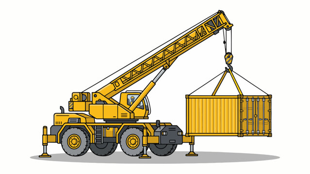 Detailed illustration of a yellow mobile crane lifting a shipping container at a construction site