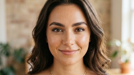 Fototapeta premium Young Woman Smiling, Natural Beauty, Soft Lighting, Close-up Portrait