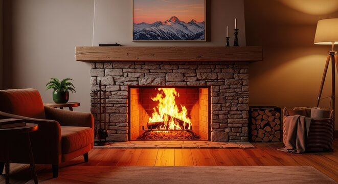Warm amber flames dance within a textured stone fireplace, casting soft shadows across a rustic living space in a cozy mountain cottage, peaceful, wood, architecture