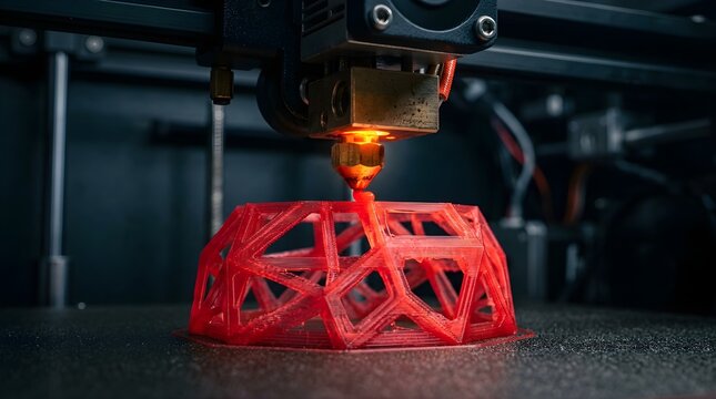3D printer nozzle extruding red molten plastic for a geometric prototype