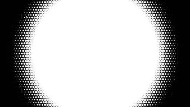 Abstract circular halftone pattern with a large glowing white center fading into a deep black border 4k Motion Video
