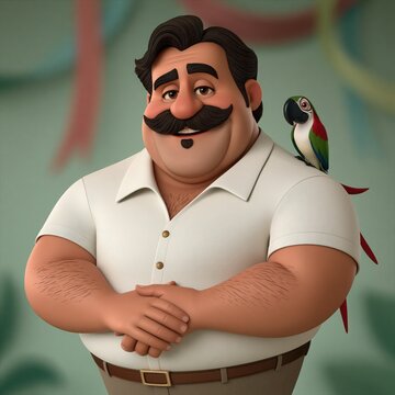 Cheerful cartoon man with a thick mustache smiles with a colorful parrot sitting on his shoulder.