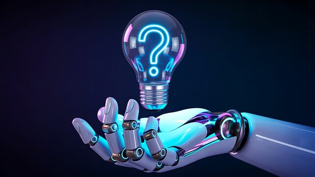 Robotic hand holding glowing question mark symbol representing artificial intelligence and technology