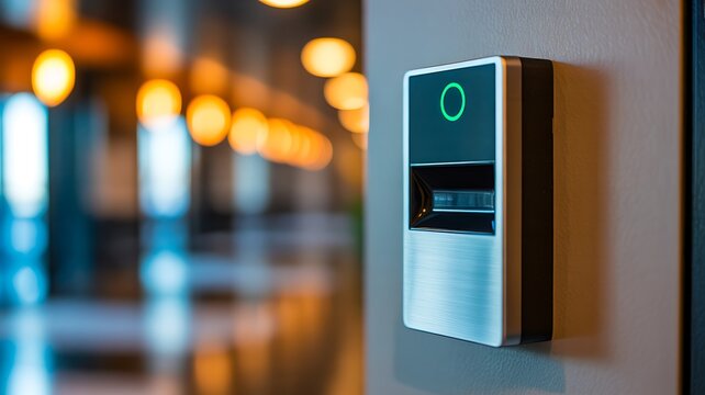 Smart access control device mounted on a wall in a modern building interior