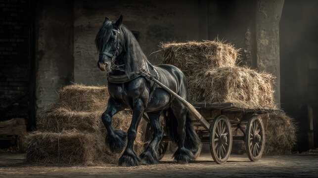 Powerful Black Percheron Horse Pulling a Heavy Cart Laden with Hay in a Rustic Setting