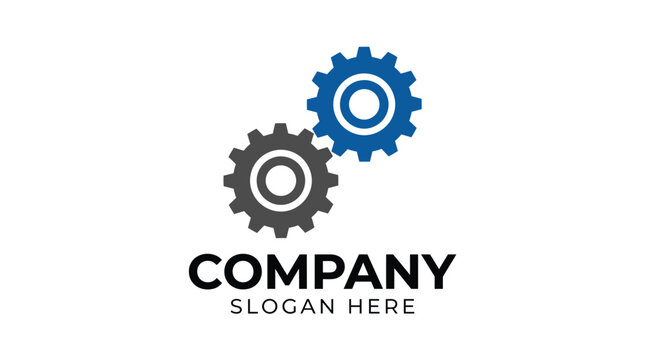 Interlocking blue and grey mechanical gears forming a professional minimalist logo design for industrial businesses