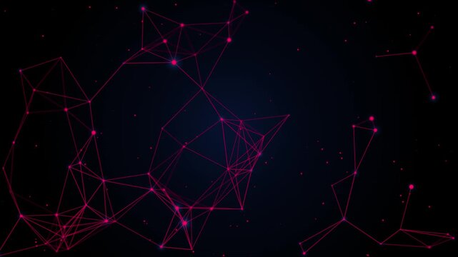 Abstract technological background with interconnected glowing pink dots and lines forming a complex network digital data connections, global communication, and futuristic science concept