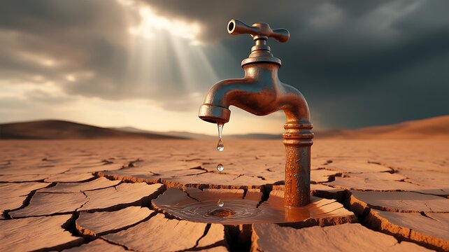 Water scarcity concept with dry cracked land and an isolated water faucet under dramatic sunlight