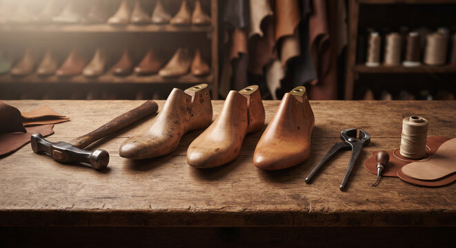 Bespoke Shoemaker Lasting Bench with Wooden Shoe Lasts and Tools