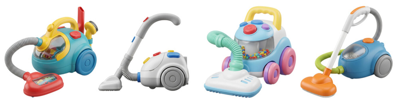 A row of colorful toy vacuum cleaners on transparent background