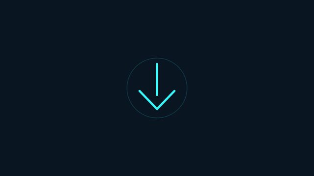 Neon blue glowing downward arrow icon on dark background for digital interface and web navigation design elements