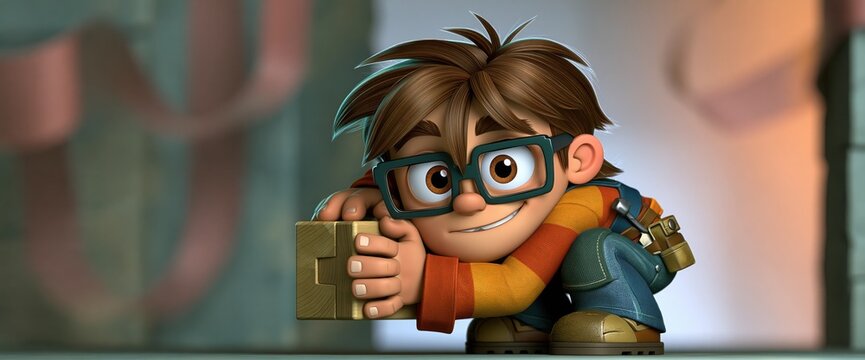 Cartoon boy with glasses crouches while holding a small cube in a 3D animated scene.