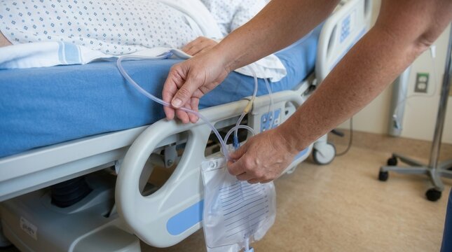Nurse attending to patient catheter bag connected to a urinary drainage system in hospital bed