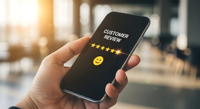 Positive Feedback Concept. Hand holding smartphone with five-star rating and smiley icon on screen. Ideal for business reputation marketing and customer satisfaction surveys.