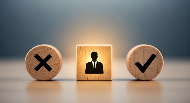HR Recruitment Selection wooden blocks with cross, businessman, and checkmark icons glowing on a desk ideal for human resources, hiring process, and talent management content.