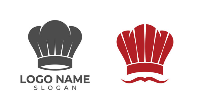 Professional chef hat vector logos showcasing modern flat design elements in red and dark gray