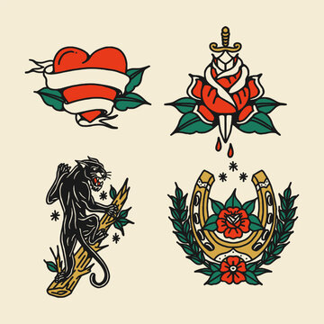 Traditional Heart Rose Panther Horseshoe Tattoo Flash Set