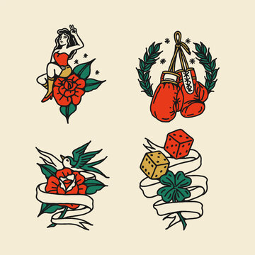 Traditional Pin Up Boxing Dice Clover Tattoo Flash Set