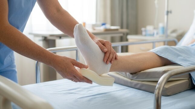 Nurse applying foam boot to patient's leg in hospital bed for pressure sore prevention and comfort