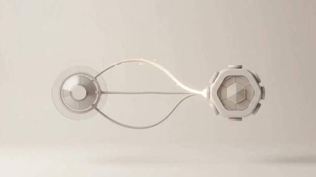 3D motion icon animation of an AI orb connected to an octagon node emitting self correction particles on a light background