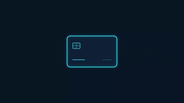 Glowing neon blue credit card line icon on dark background representing electronic payment and financial transactions