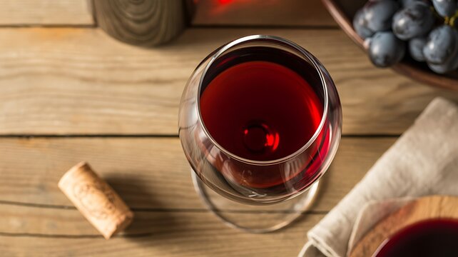 Red wine in glass with grapes and cork on rustic wooden table