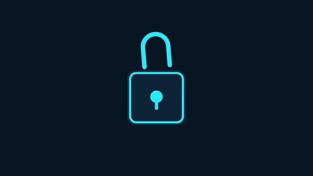 Neon glowing padlock icon symbolizing cyber security, data privacy, and digital protection on dark background