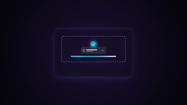 Premium cinematic web interface animation featuring a glassmorphic file upload card with glowing ambient lighting. Shows a file entering a drop zone, a vibrant gradient progress bar, and a glowing suc
