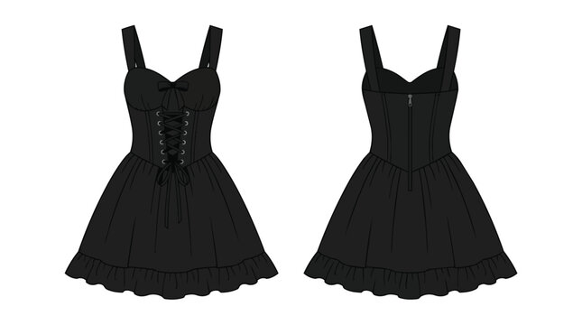 Stylish Black Gothic Style Corset Dress with Front Laces and Ruffled Skirt Hemline Front and Back View Set
