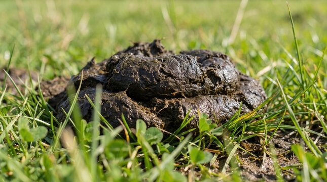 Fresh cow dung on green grass in rural pasture