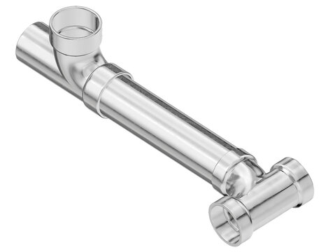 orthographic 3d realistic render of a stainless steel pipe section with industrial tee fittings polished metallic finish and seamless chrome joints for technical mechanical engineering designs