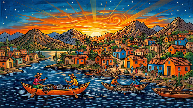 Guerrero folk painting, lakeside fishermen and canoes
