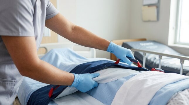 Nurse wearing gloves positions transfer sheet to help patient move in hospital bed, close-up on hands and equipment