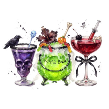 Halloween cocktails, Halloween cocktail watercolor set with spooky drinks and decorations, party beverage collection for autumn and holiday design
