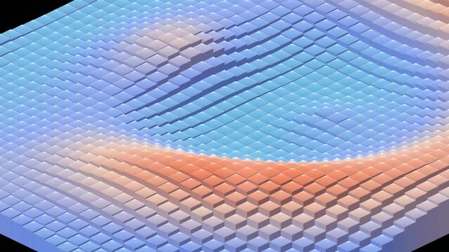 Abstract 3d wave pattern made of small square blocks with orange and blue gradient colors showing a smooth geometric surface structure for modern digital technology background 4k Motion Video