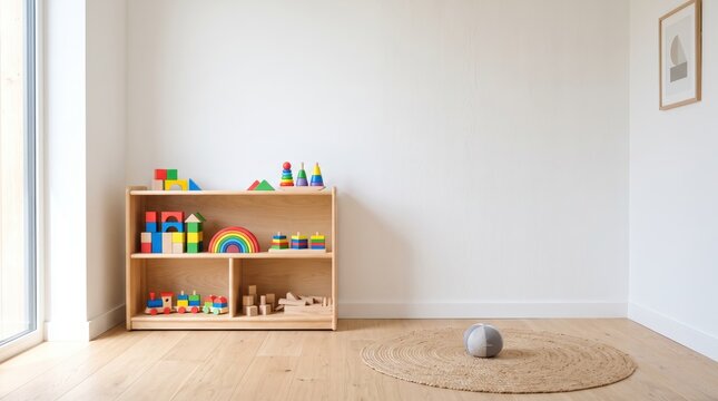 Minimalist children playroom interior with wooden toy shelf holding colorful blocks rainbow stacker and train set on light wood floor near round rug ball.