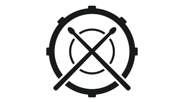 Minimalist black drum icon featuring crossed wooden sticks isolated on a clean white graphic background