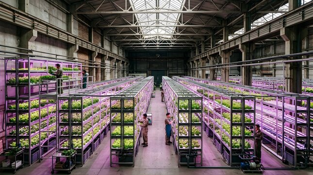 Modern vertical farm with workers growing organic greens in warehouse
