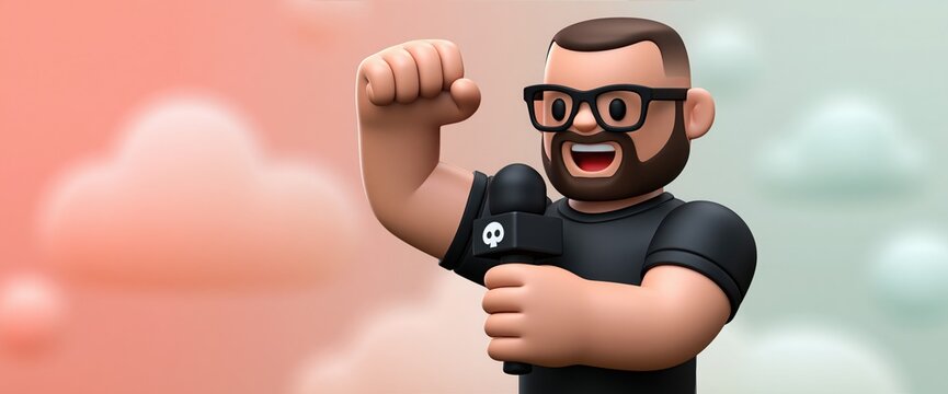 Man character with glasses and beard holding a microphone raises his fist in celebration against a cloud background.