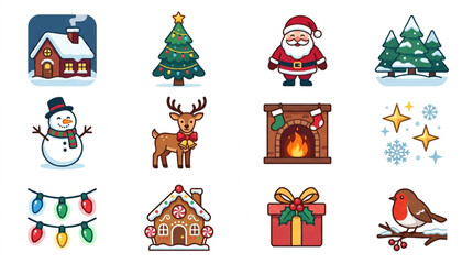 Fototapeta premium Minimalist Colorful Holiday Icons Set Festive Christmas Illustrations Featuring Snowman Santa Reindeer Gift Tree House and Bird