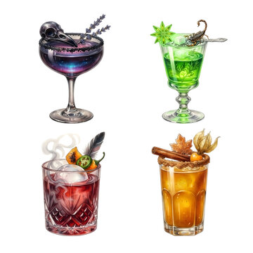 Halloween cocktails, Halloween cocktail watercolor set with spooky drinks and decorations, party beverage collection for autumn and holiday design

