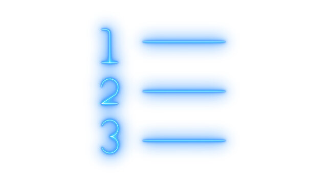 Glowing neon numbered list icon isolated on transparent background. Ordered checklist menu. Priority steps sign. Agenda tasks sequence