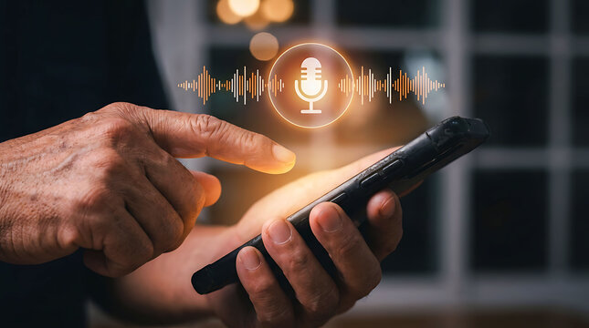 Senior man using voice command technology and AI assistant on a smartphone