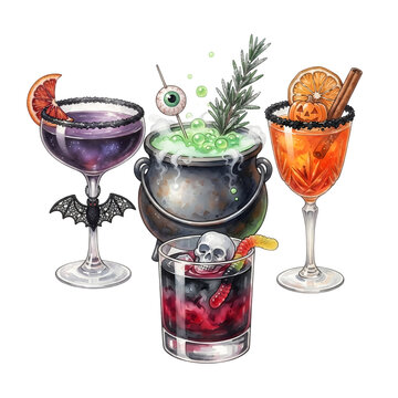 Halloween cocktails, Halloween cocktail watercolor set with spooky drinks and decorations, party beverage collection for autumn and holiday design
