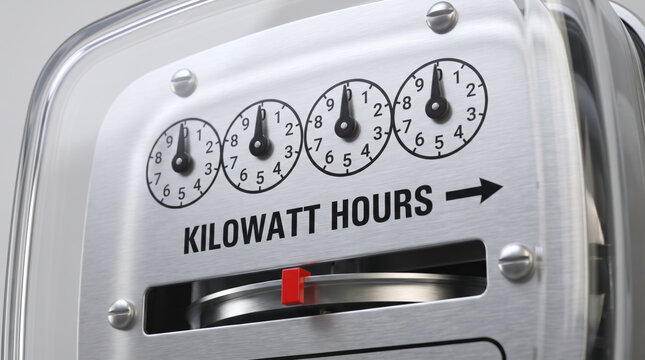 Electricity smart grid monitor displays analog kilowatt usage, revealing energy consumption. Renewable energy power. future technology innovation, network system efficiency, management control