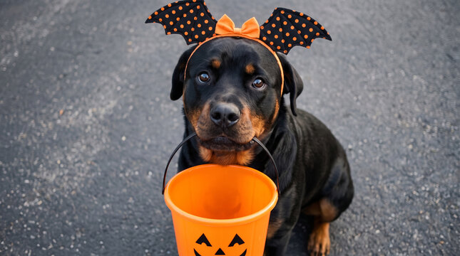 Trick treat holding basket. Horror halloween holiday celebration party. cute colourful costume, happy fun trick or treat candy bucket