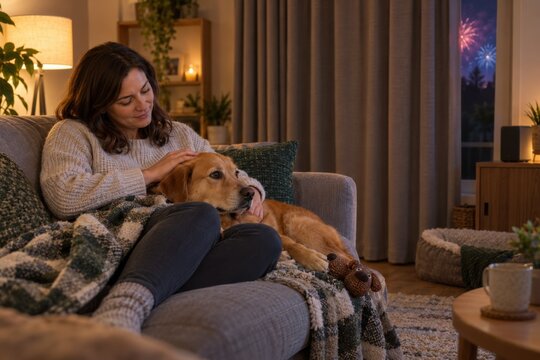 Owner Comforting Dog During Fireworks